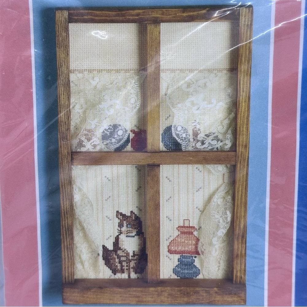 VTG Mary Maxim Needlecraft Kit #37374 Cat in the Window with Frame NOS **READ** - Picture 2 of 7